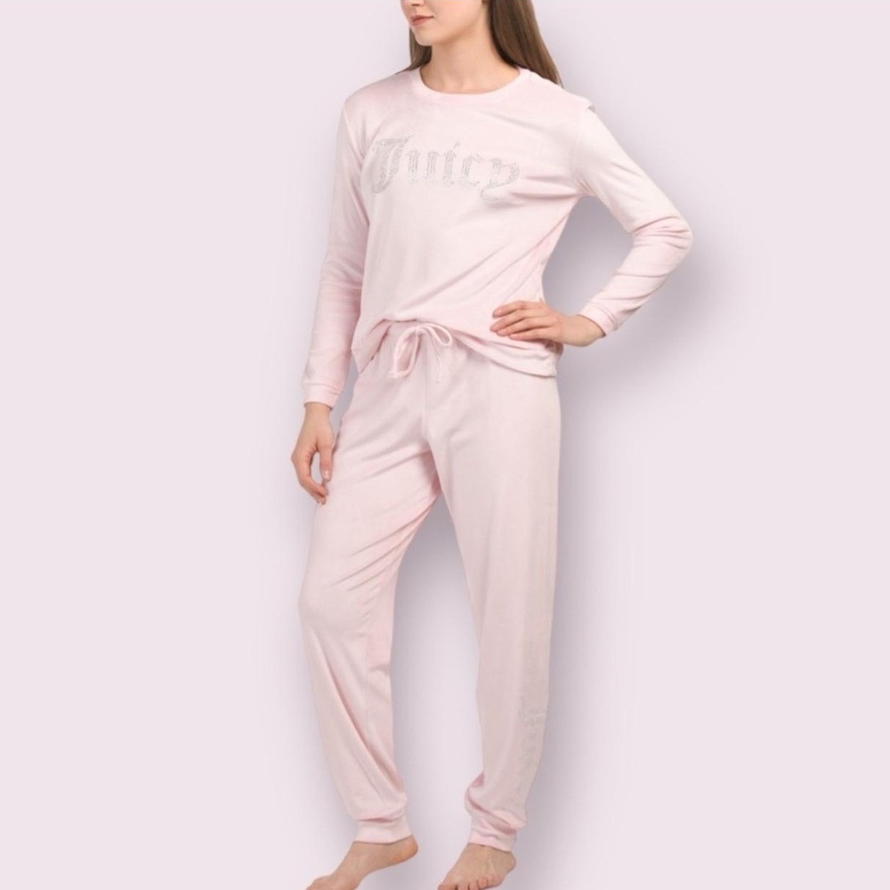 JUICY COUTURE 2pc Pink Velour Rhinestone Logo Soft Cozy Long Sleeve Pajama Set L - Picture 4 of 9